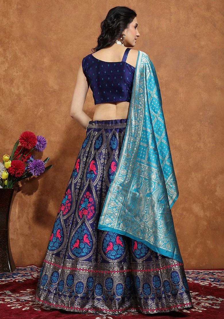 Navy Blue Emboridered Blended Lehenga Choli - Indya