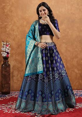 Navy Blue Zari Work Blended Lehenga Choli