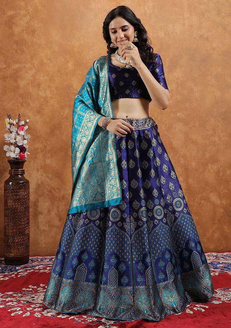 Navy Blue Zari Work Blended Lehenga Choli - Indya