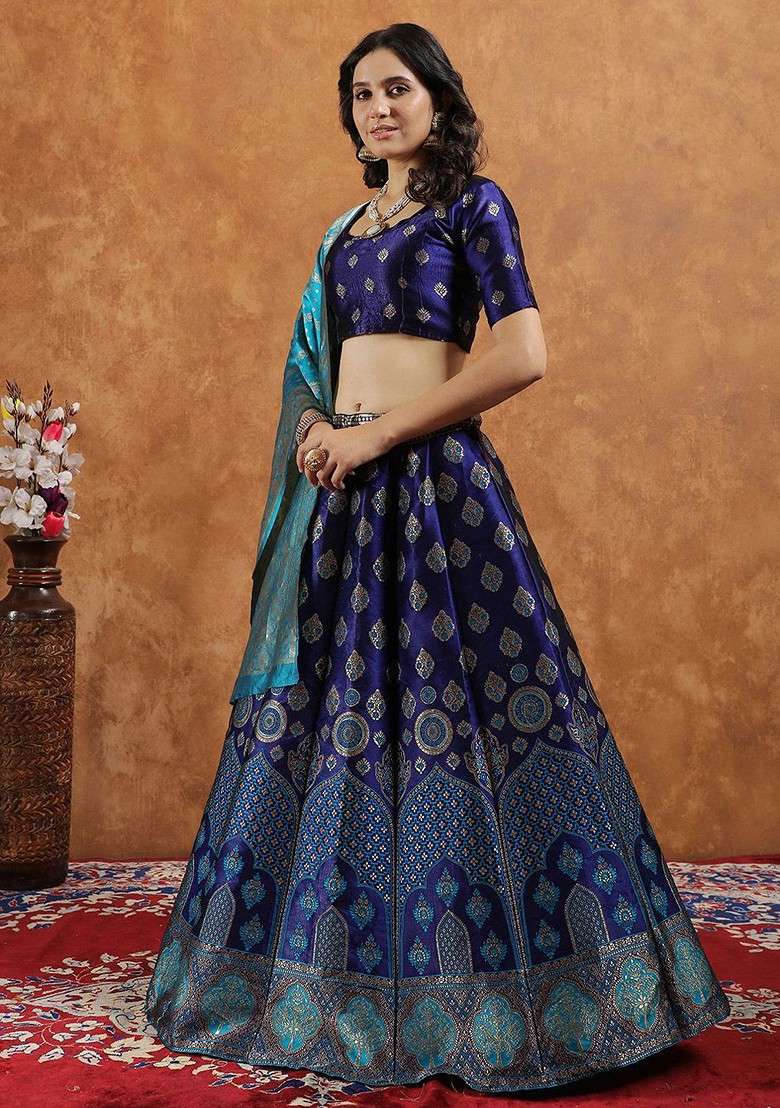 Navy Blue Zari Work Blended Lehenga Choli - Indya