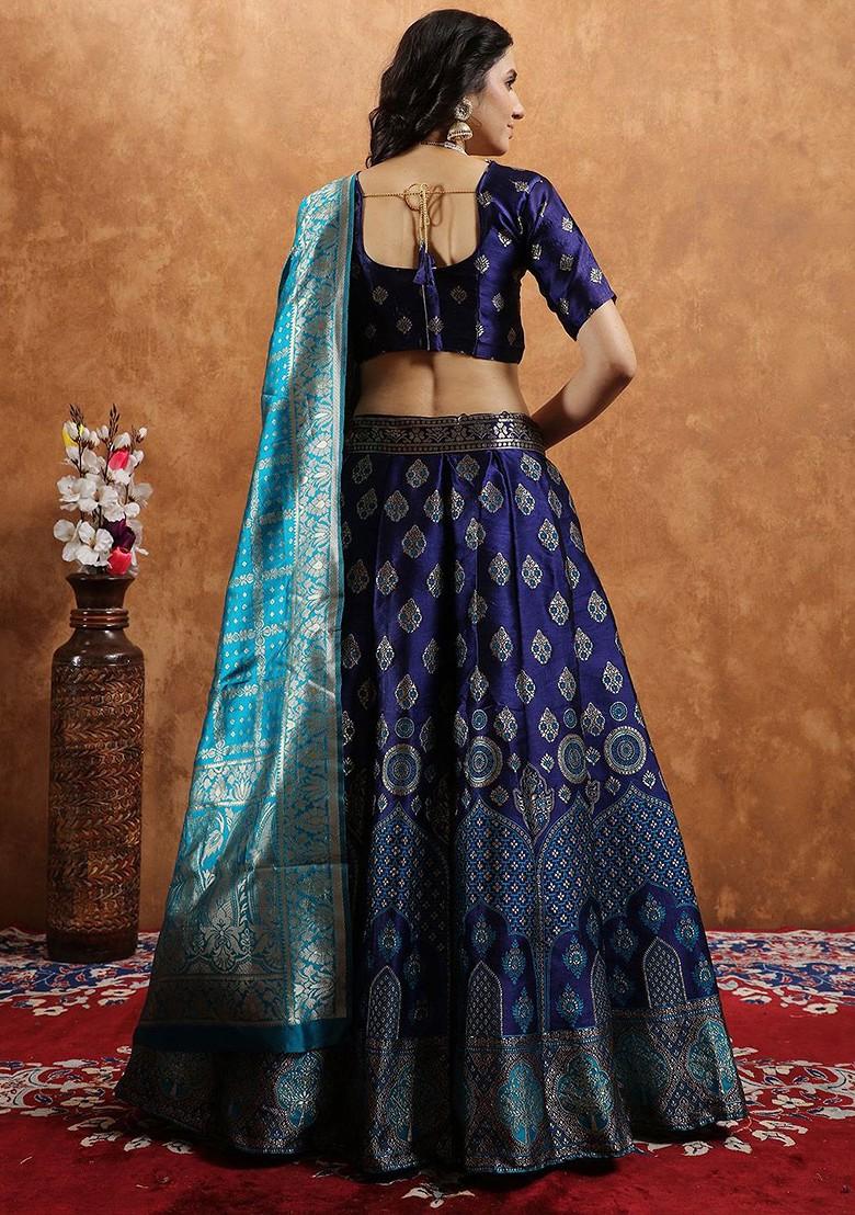 Navy Blue Zari Work Blended Lehenga Choli - Indya