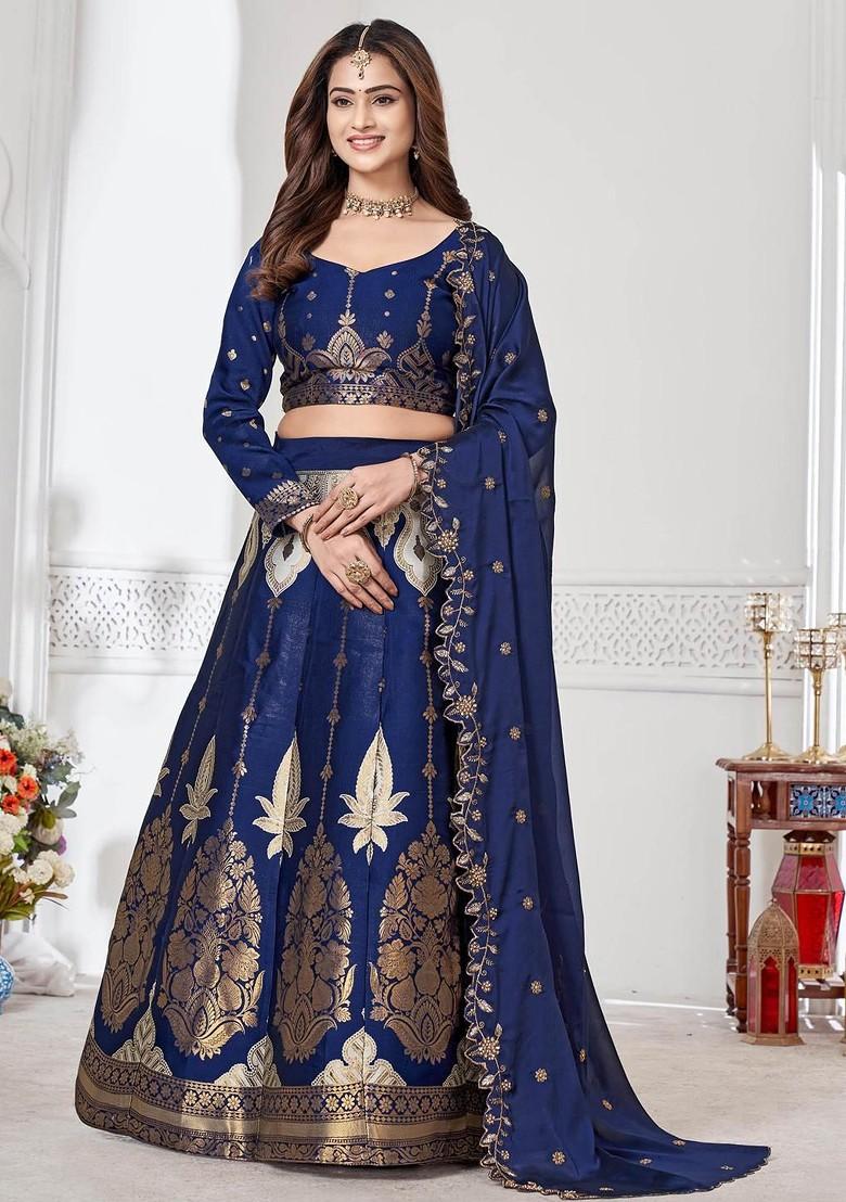 Navy Blue Emboridered Blended Lehenga Choli - Indya