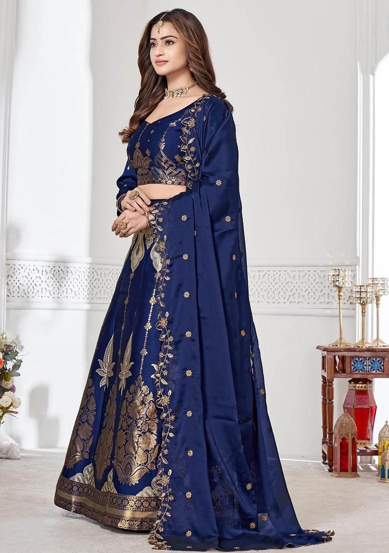 Navy Blue Emboridered Blended Lehenga Choli - Indya