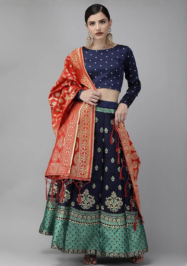 Sea Green Emboridered Blended Lehenga Choli - Indya