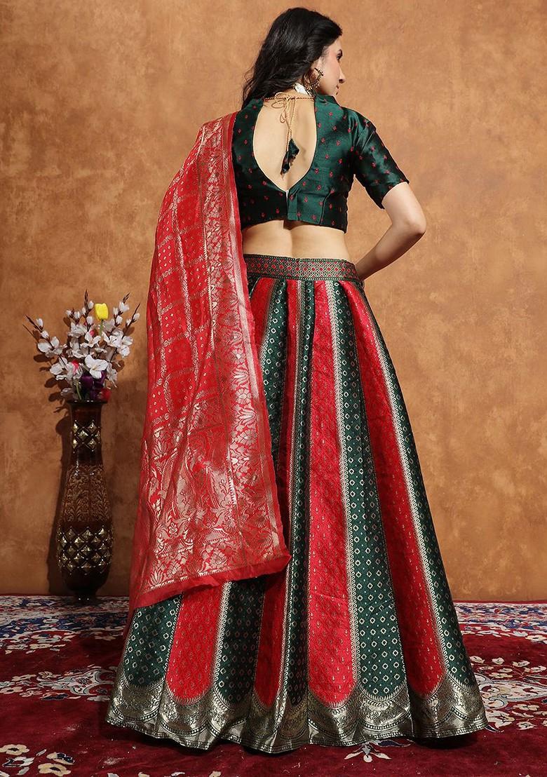Green Zari Work Blended Lehenga Choli - Indya