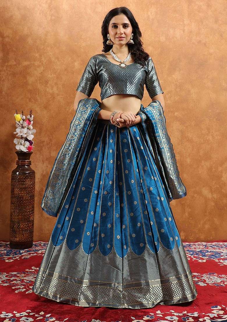 Blue Zari Work Blended Lehenga Choli - Indya