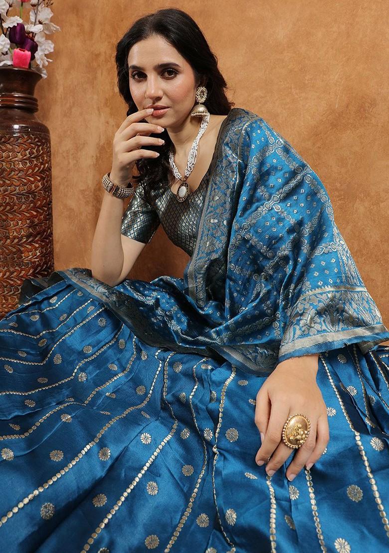 Blue Zari Work Blended Lehenga Choli - Indya