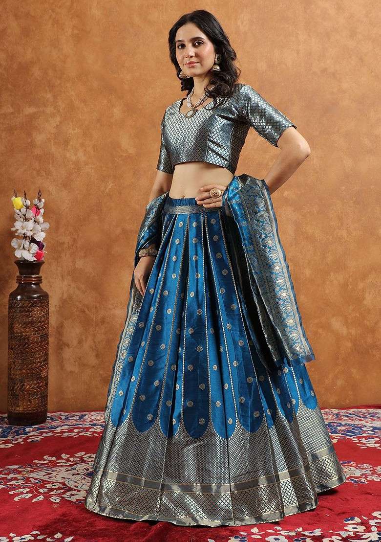 Blue Zari Work Blended Lehenga Choli - Indya
