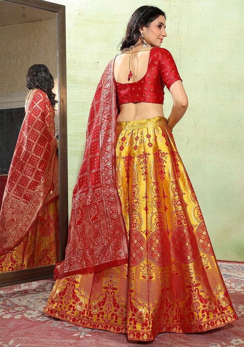 Gold Zari Work Blended Lehenga Choli - Indya