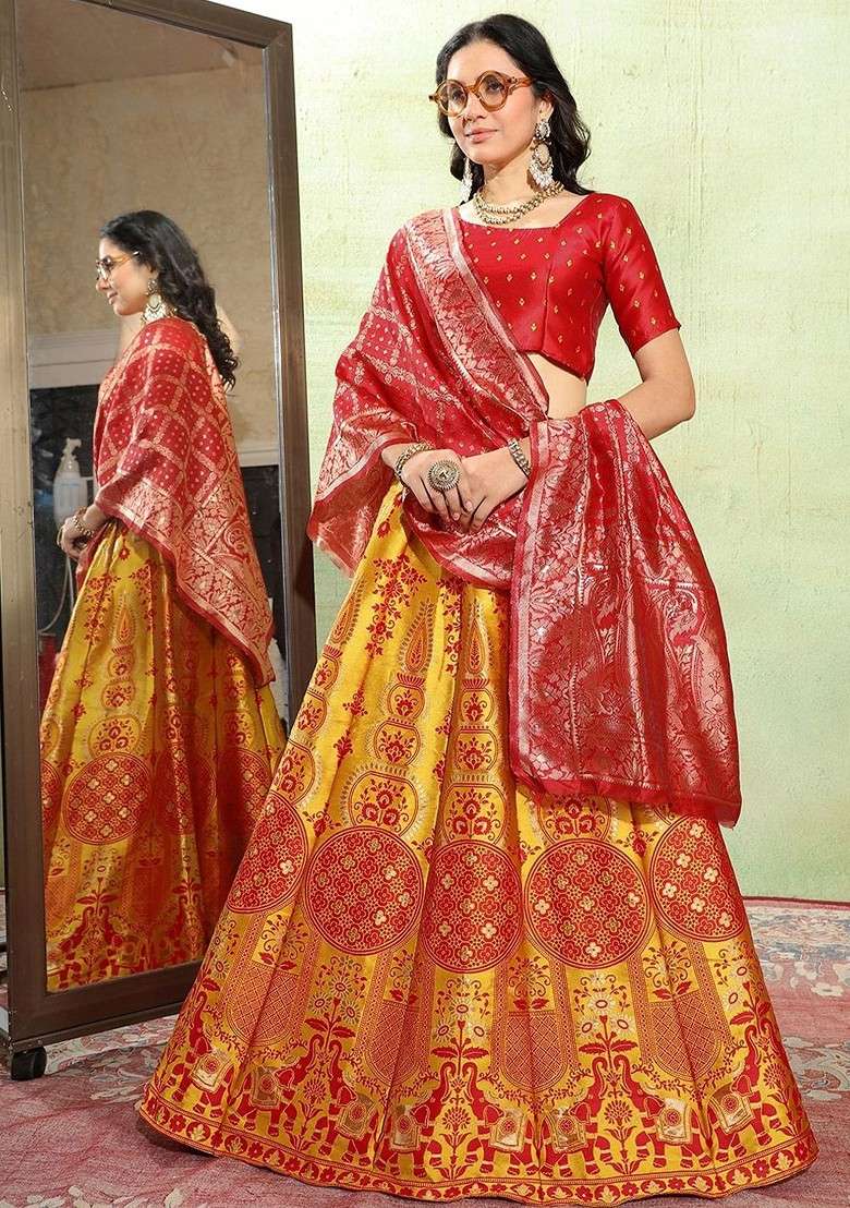 Gold Zari Work Blended Lehenga Choli - Indya