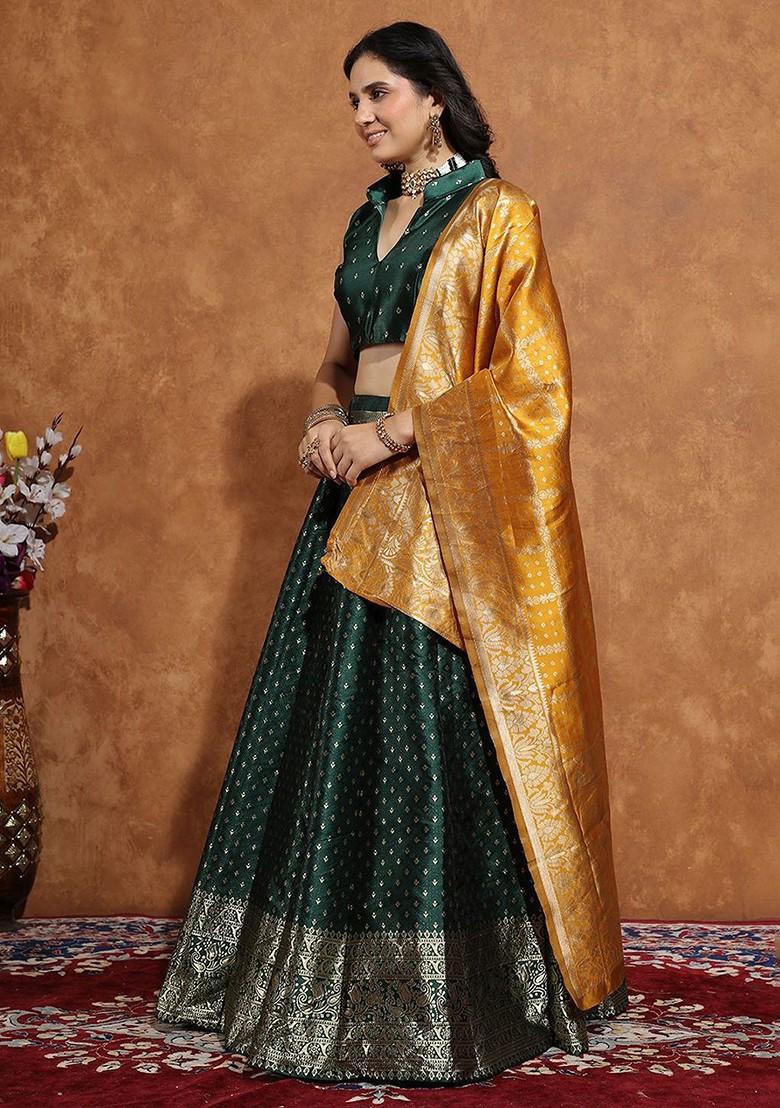 Green Zari Work Blended Lehenga Choli - Indya