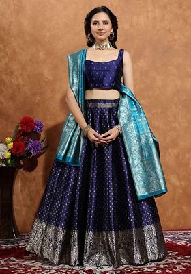 Navy Blue Zari Work Blended Lehenga Choli