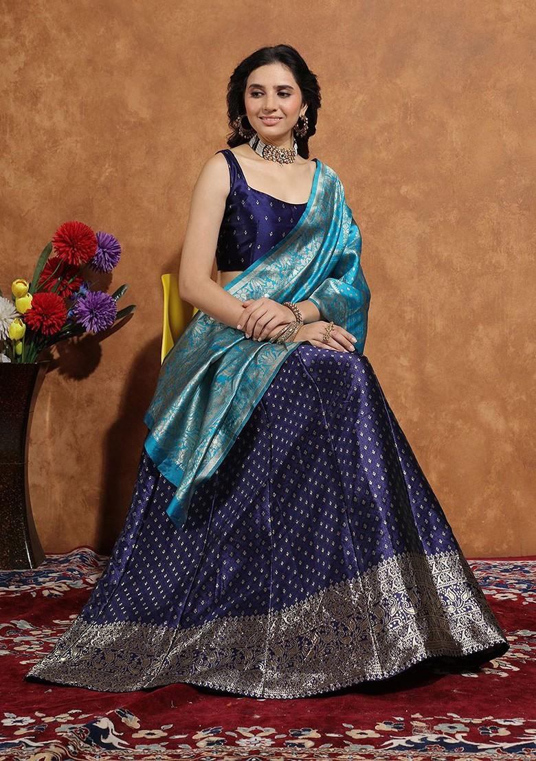 Navy Blue Zari Work Blended Lehenga Choli - Indya