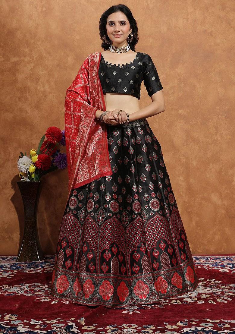 Black Zari Work Blended Lehenga Choli - Indya