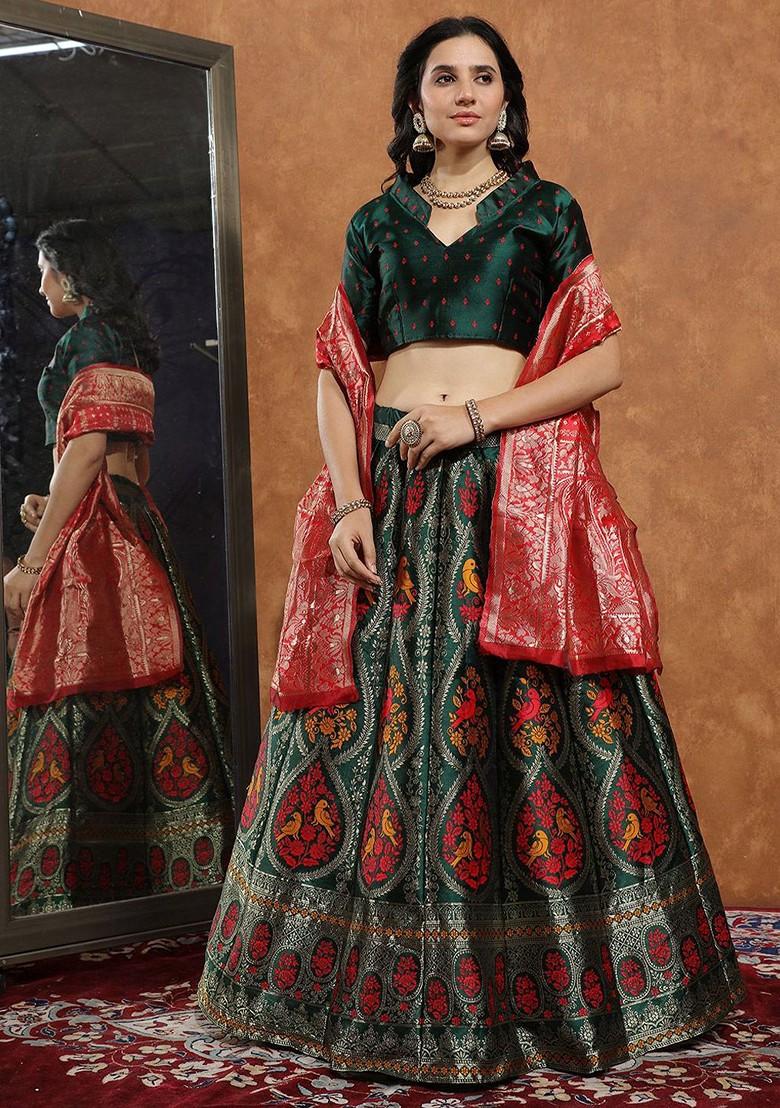 Green Zari Work Blended Lehenga Choli - Indya