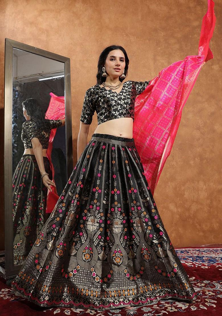 Black Zari Work Blended Lehenga Choli - Indya