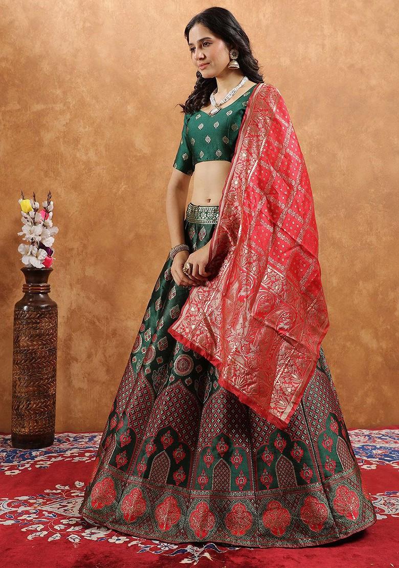 Green Emboridered Blended Lehenga Choli - Indya