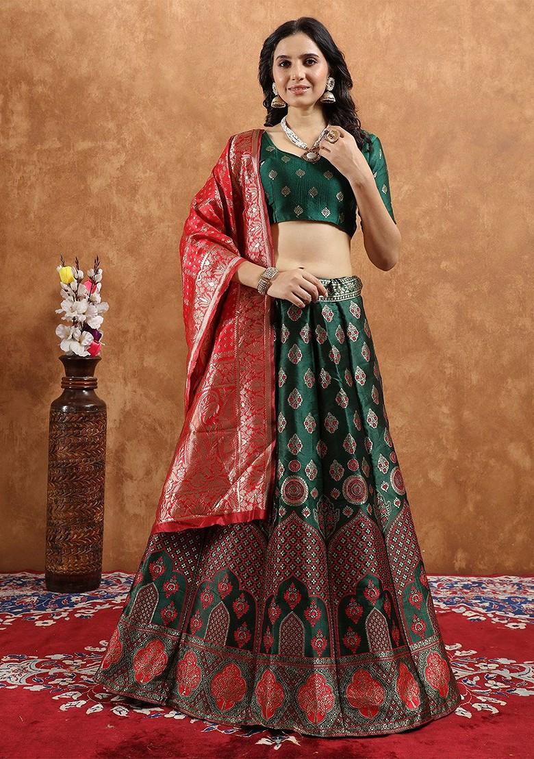 Green Emboridered Blended Lehenga Choli - Indya