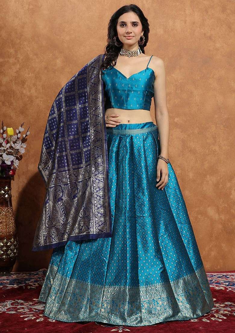 Turquoise Blue Zari Work Blended Lehenga Choli - Indya