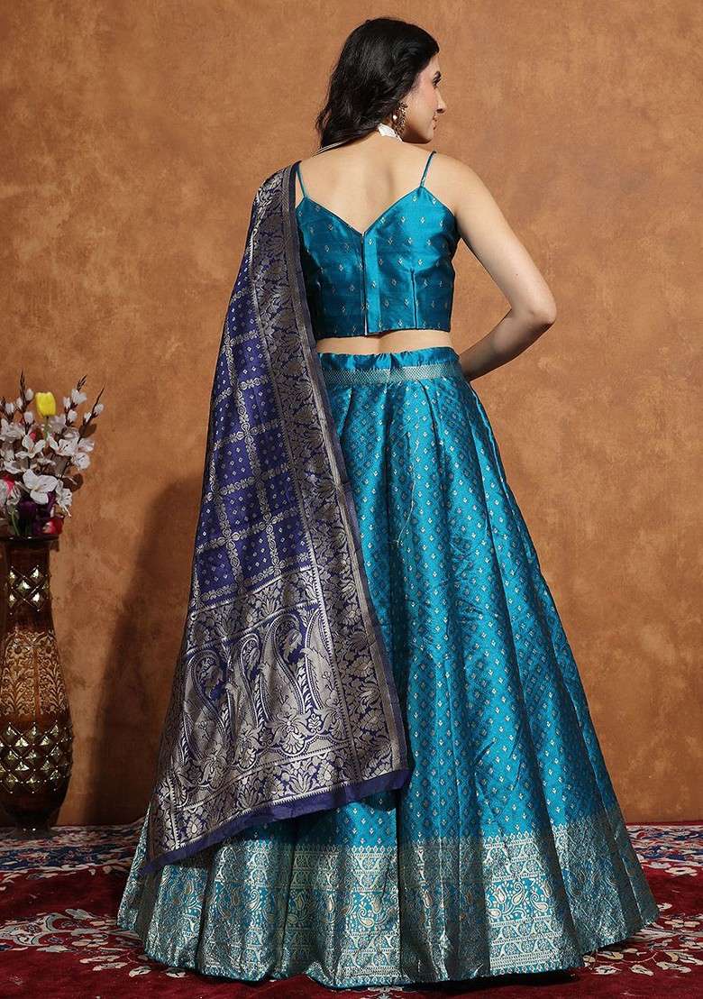 Turquoise Blue Zari Work Blended Lehenga Choli - Indya