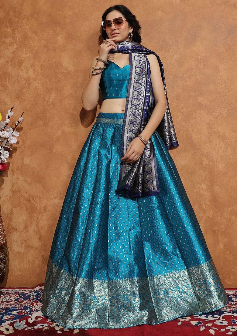 Turquoise Blue Zari Work Blended Lehenga Choli - Indya