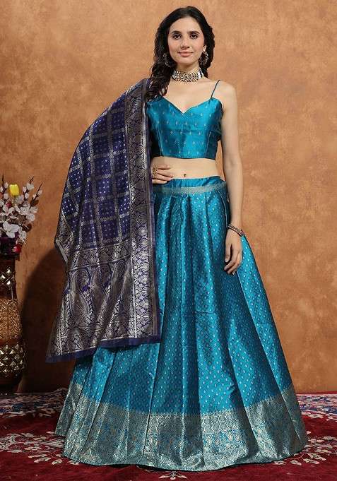 Turquoise Blue Zari Work Blended Lehenga Choli