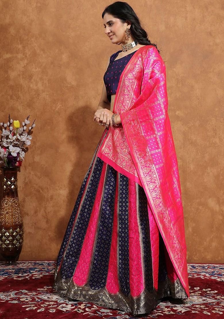 Navy Blue Emboridered Blended Lehenga Choli - Indya
