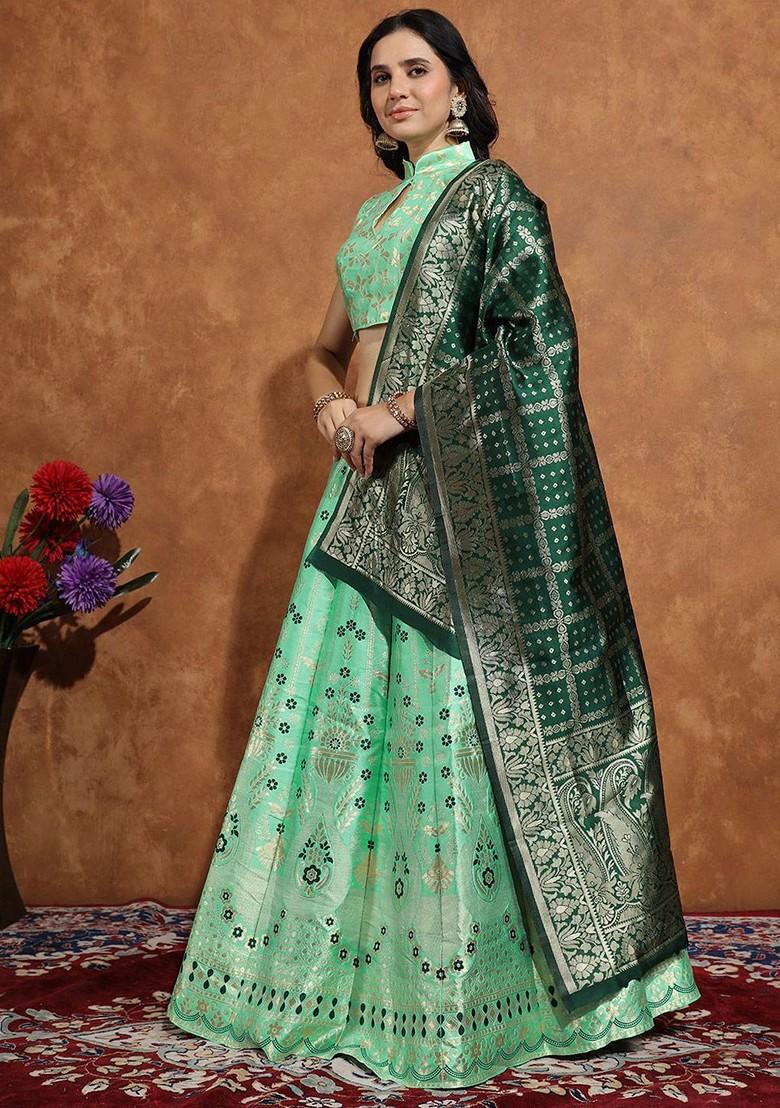 Sea Green Zari Work Blended Lehenga Choli - Indya