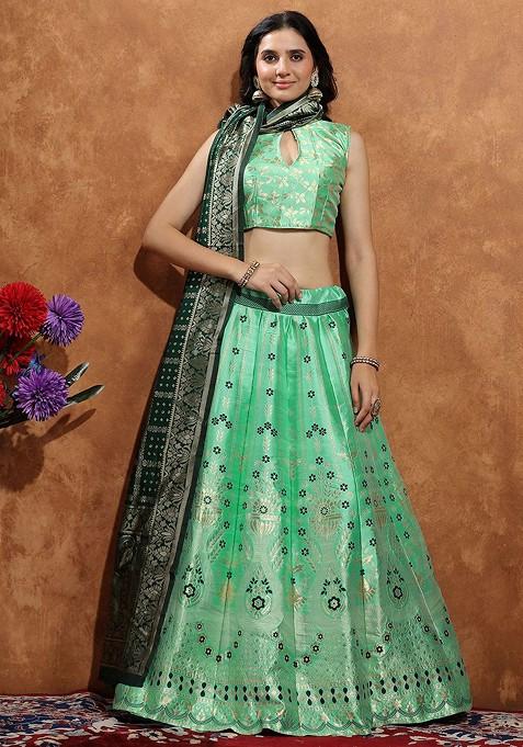 Sea Green Zari Work Blended Lehenga Choli — view on Indya