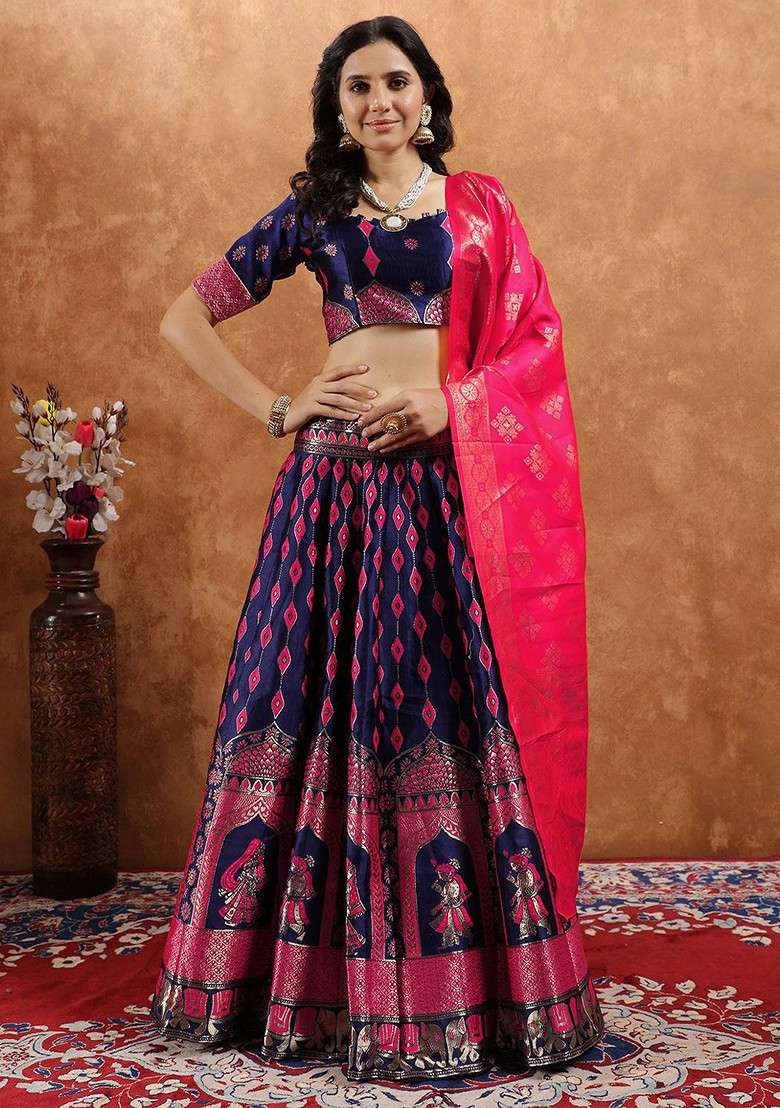 Navy Blue Zari Work Blended Lehenga Choli - Indya