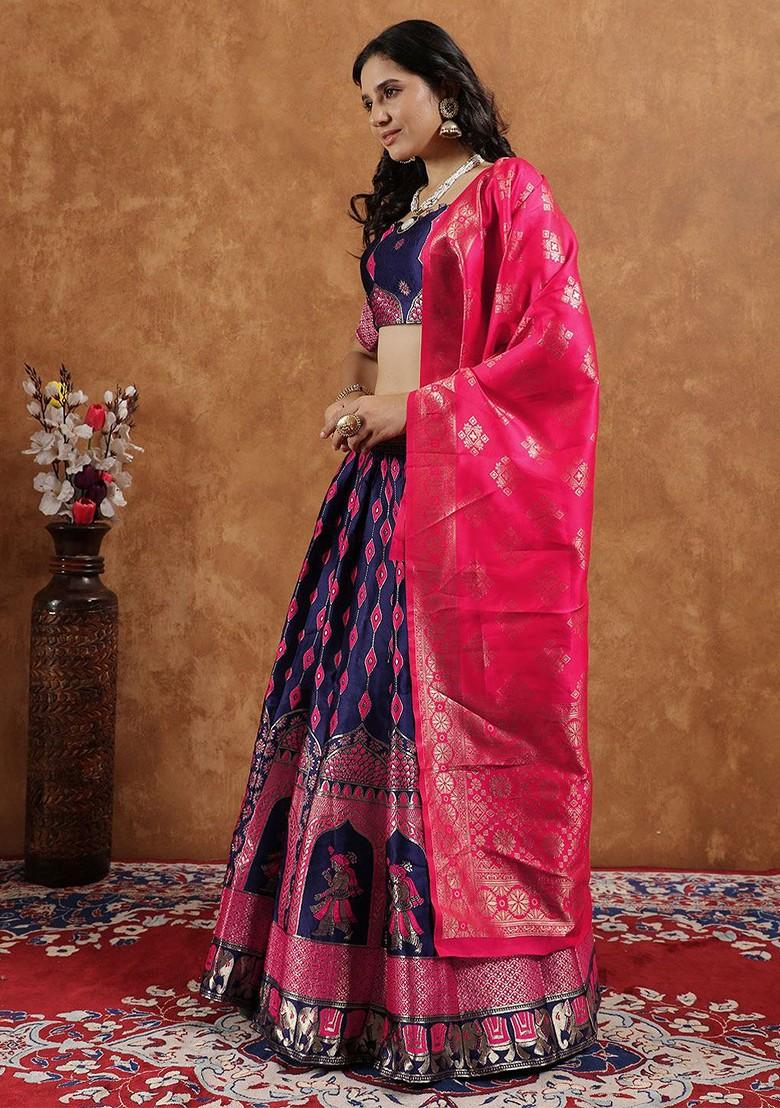 Navy Blue Zari Work Blended Lehenga Choli - Indya