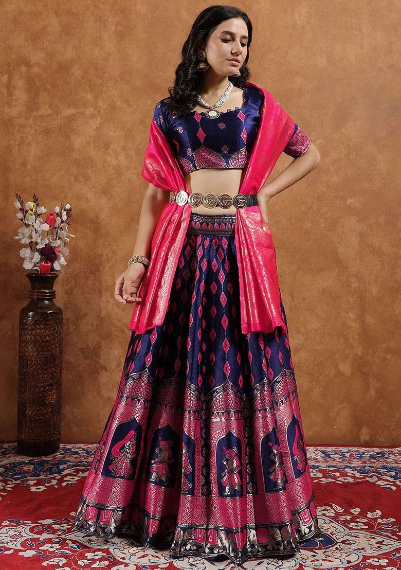 Navy Blue Zari Work Blended Lehenga Choli - Indya