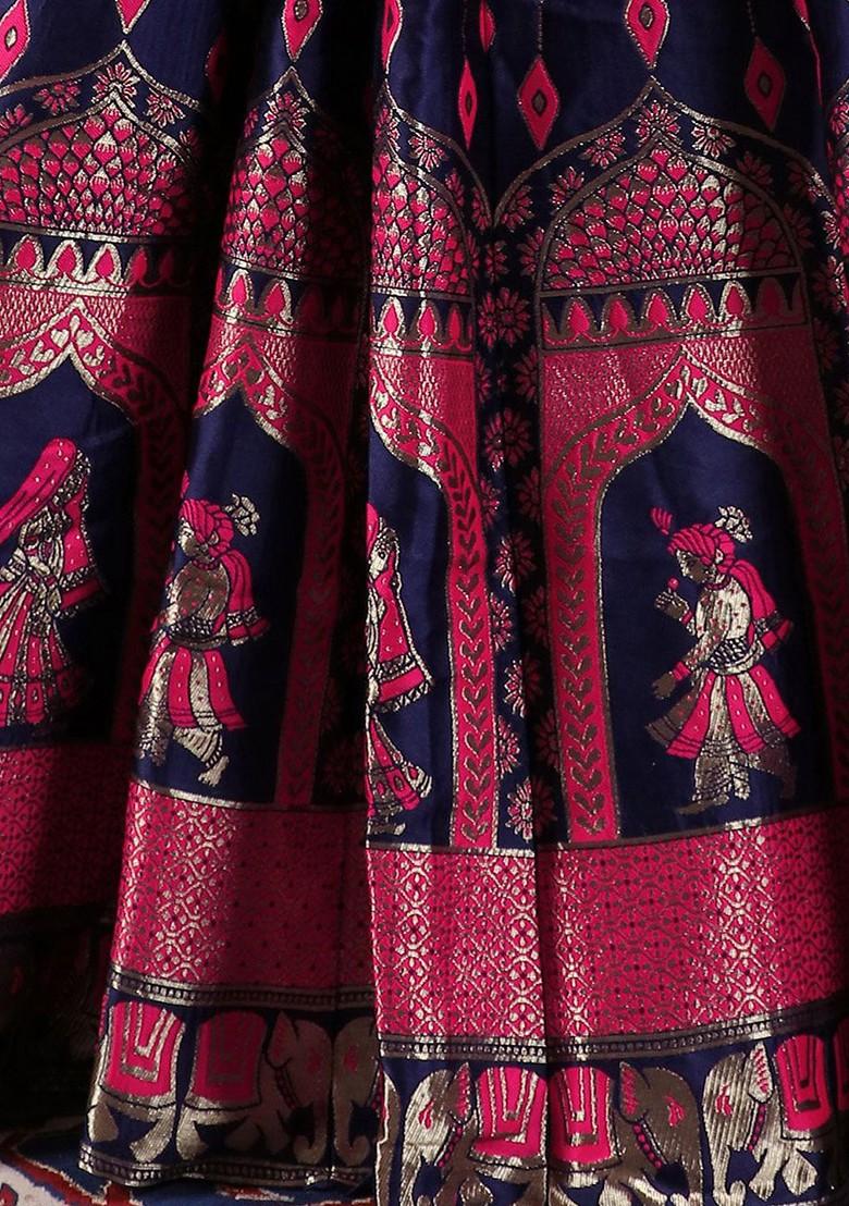 Navy Blue Zari Work Blended Lehenga Choli - Indya