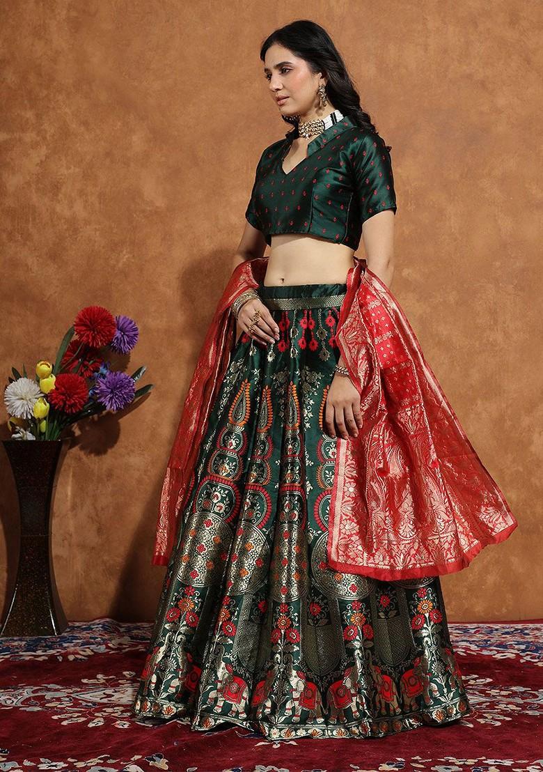 Green Zari Work Blended Lehenga Choli - Indya