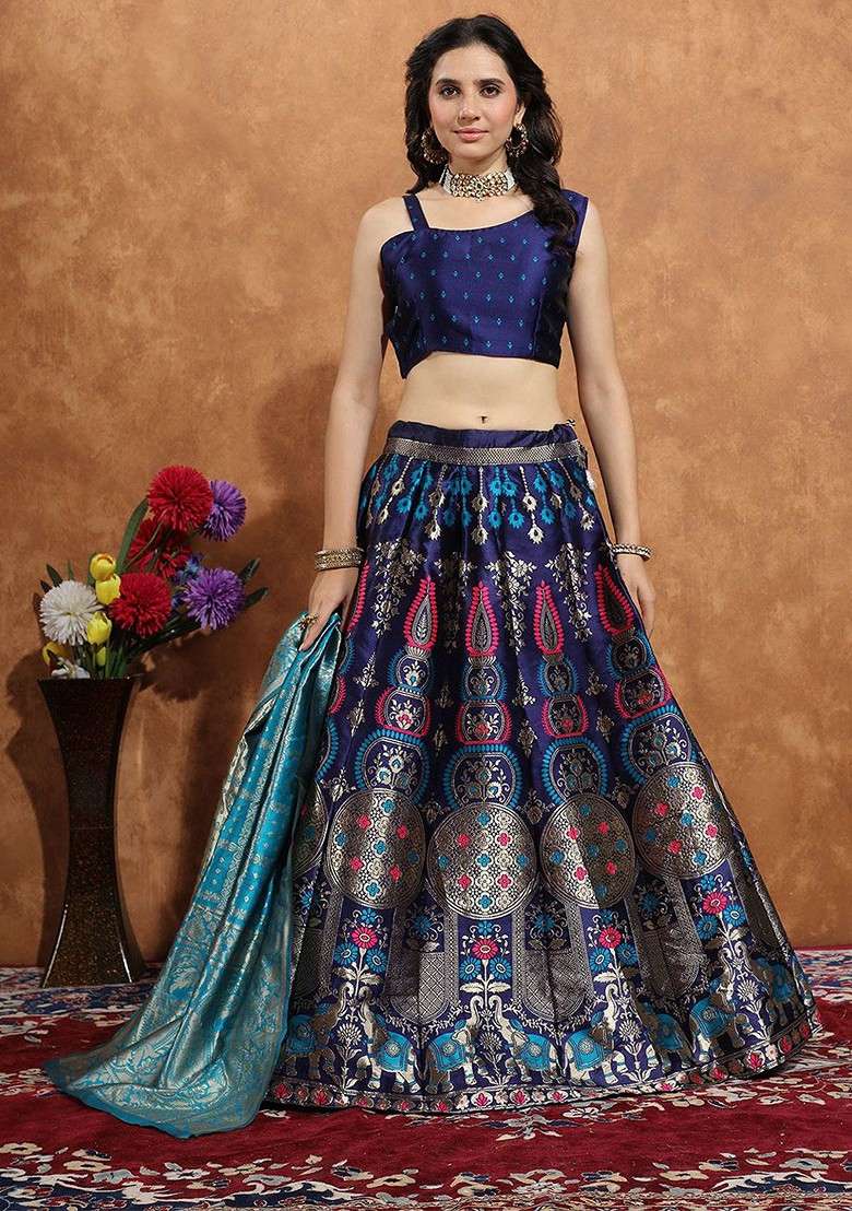 Navy Blue Zari Work Blended Lehenga Choli - Indya