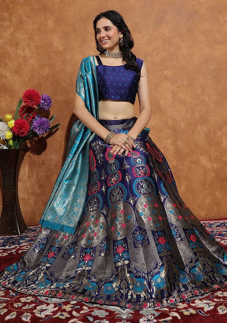 Navy Blue Zari Work Blended Lehenga Choli - Indya