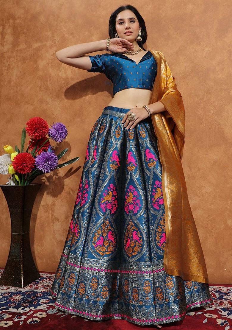Blue Zari Work Blended Lehenga Choli - Indya