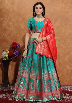 Turquoise Blue Zari Work Blended Lehenga Choli