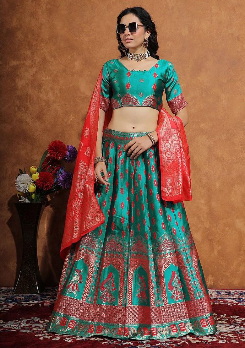 Turquoise Blue Zari Work Blended Lehenga Choli - Indya
