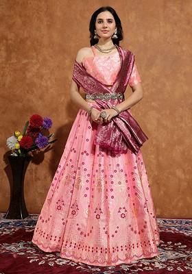 Pink Zari Work Blended Lehenga Choli