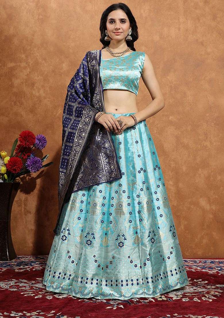 Blue Zari Work Blended Lehenga Choli - Indya