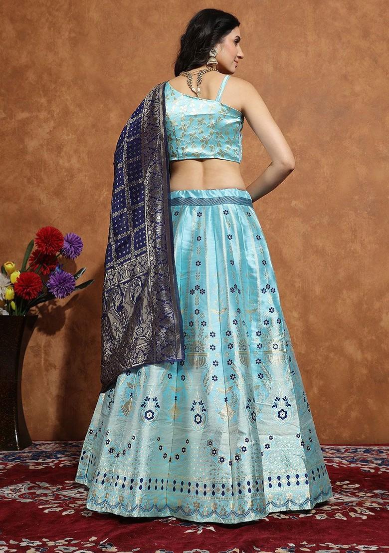 Blue Zari Work Blended Lehenga Choli - Indya
