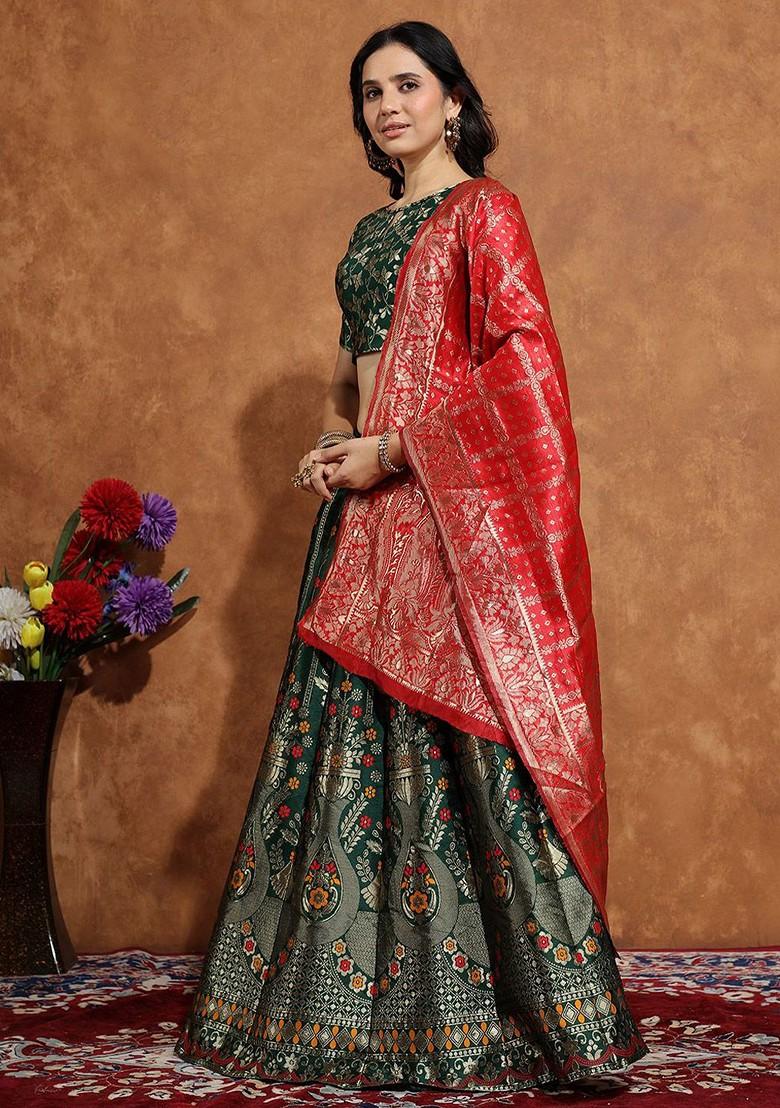 Green Zari Work Blended Lehenga Choli - Indya