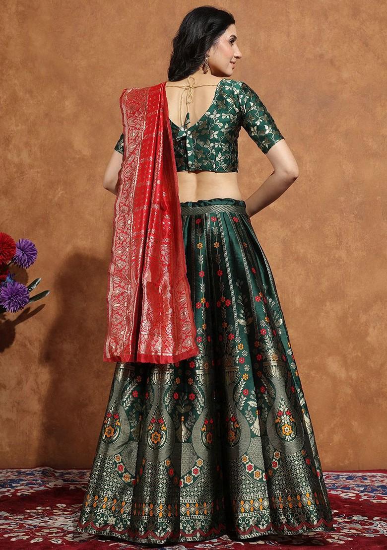 Green Zari Work Blended Lehenga Choli - Indya