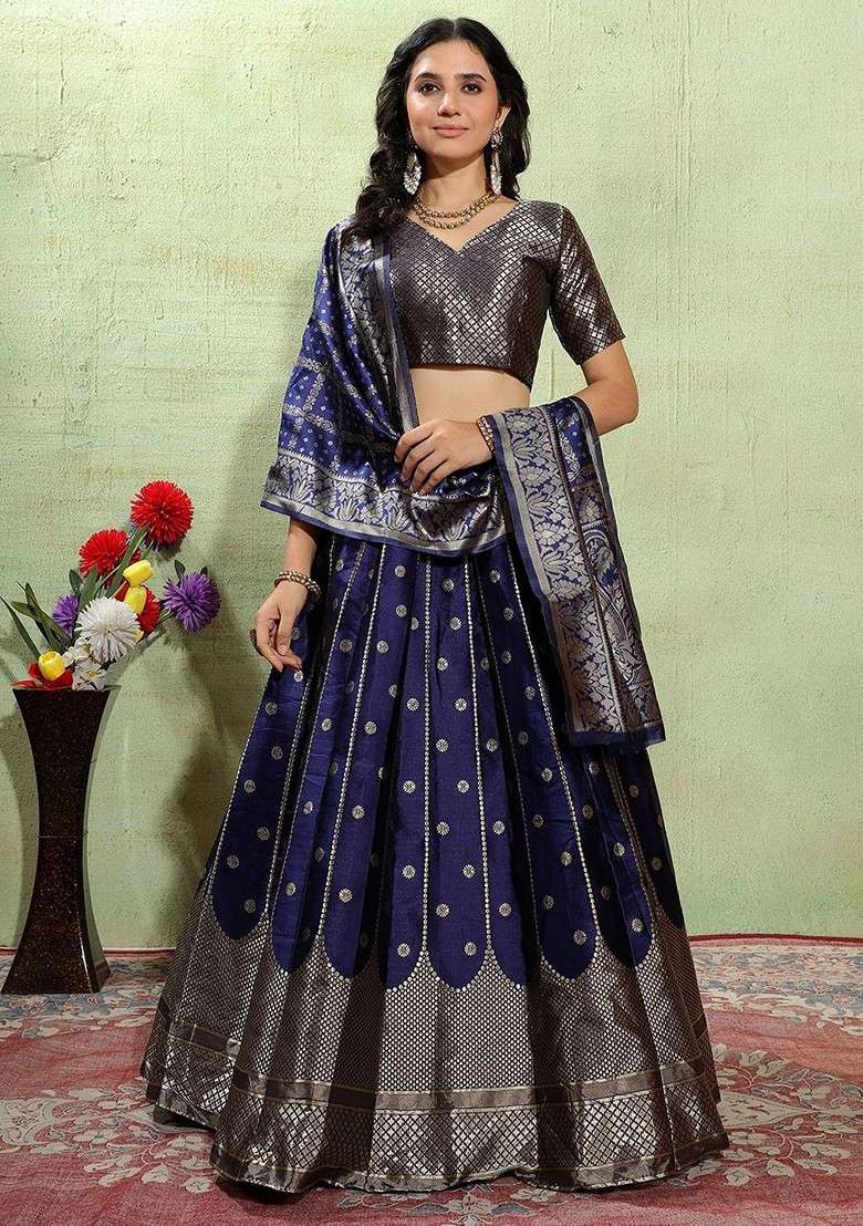 Blue Zari Work Blended Lehenga Choli - Indya