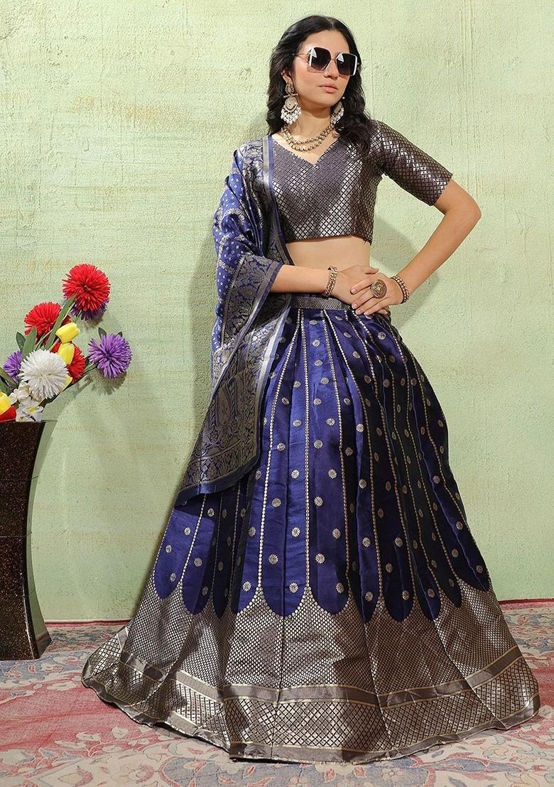 Blue Zari Work Blended Lehenga Choli - Indya