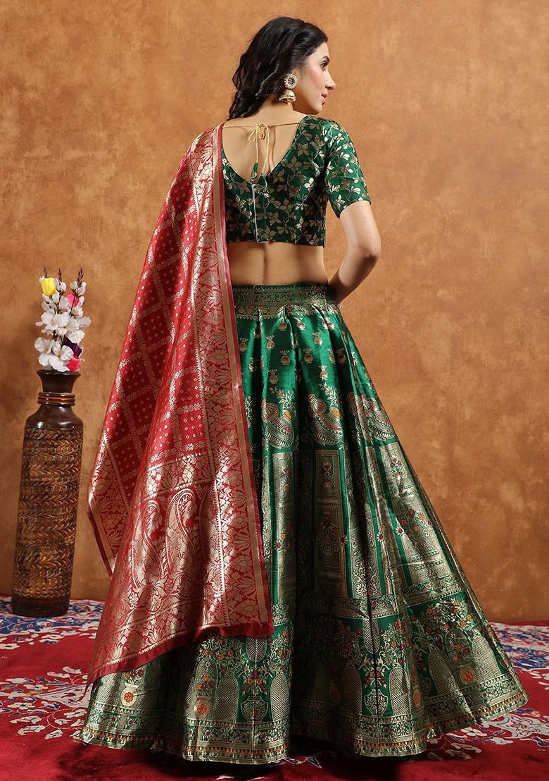 Green Zari Work Blended Lehenga Choli - Indya