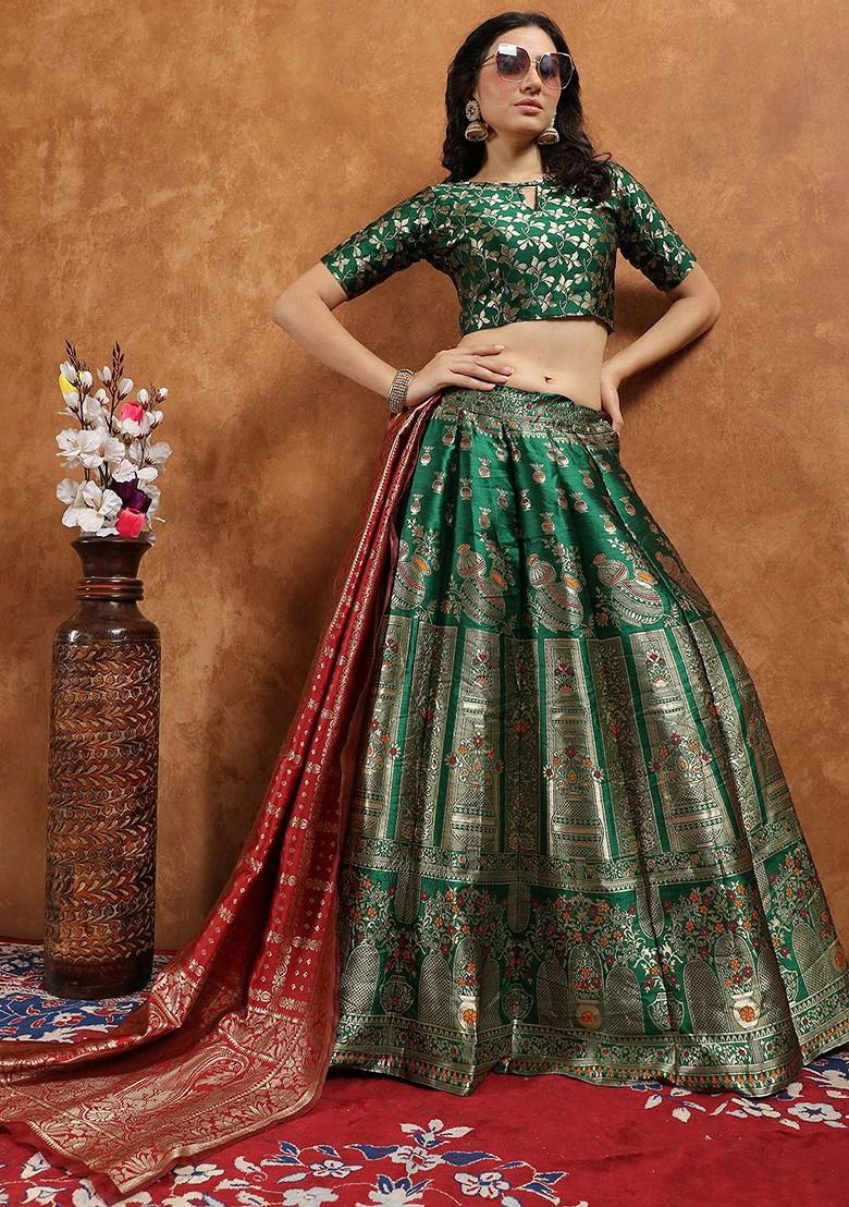 Green Zari Work Blended Lehenga Choli - Indya