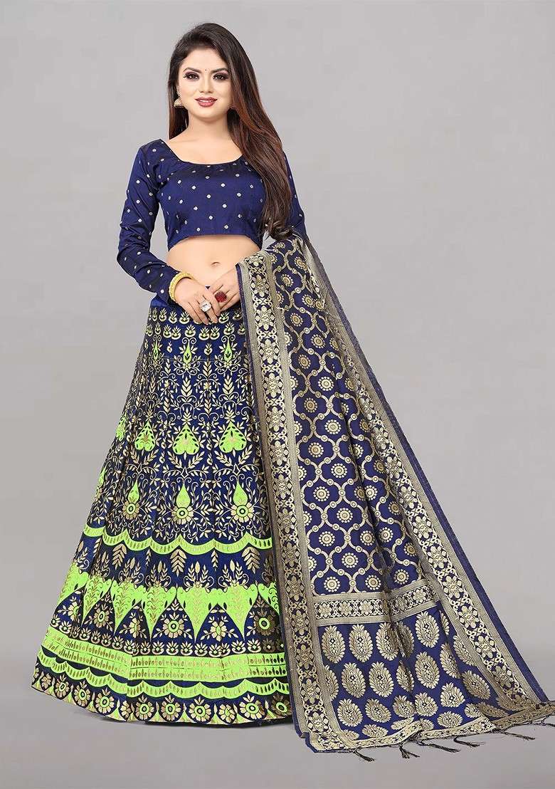 Blue Zari Work Blended Lehenga Choli - Indya