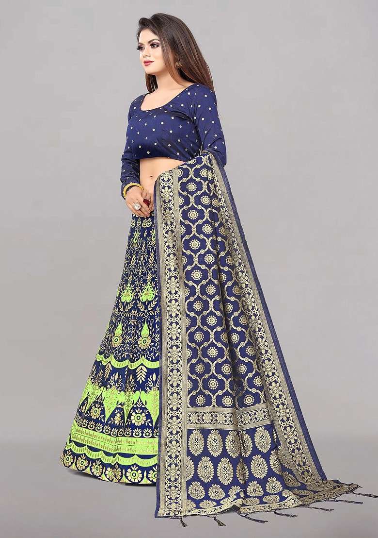 Blue Zari Work Blended Lehenga Choli - Indya